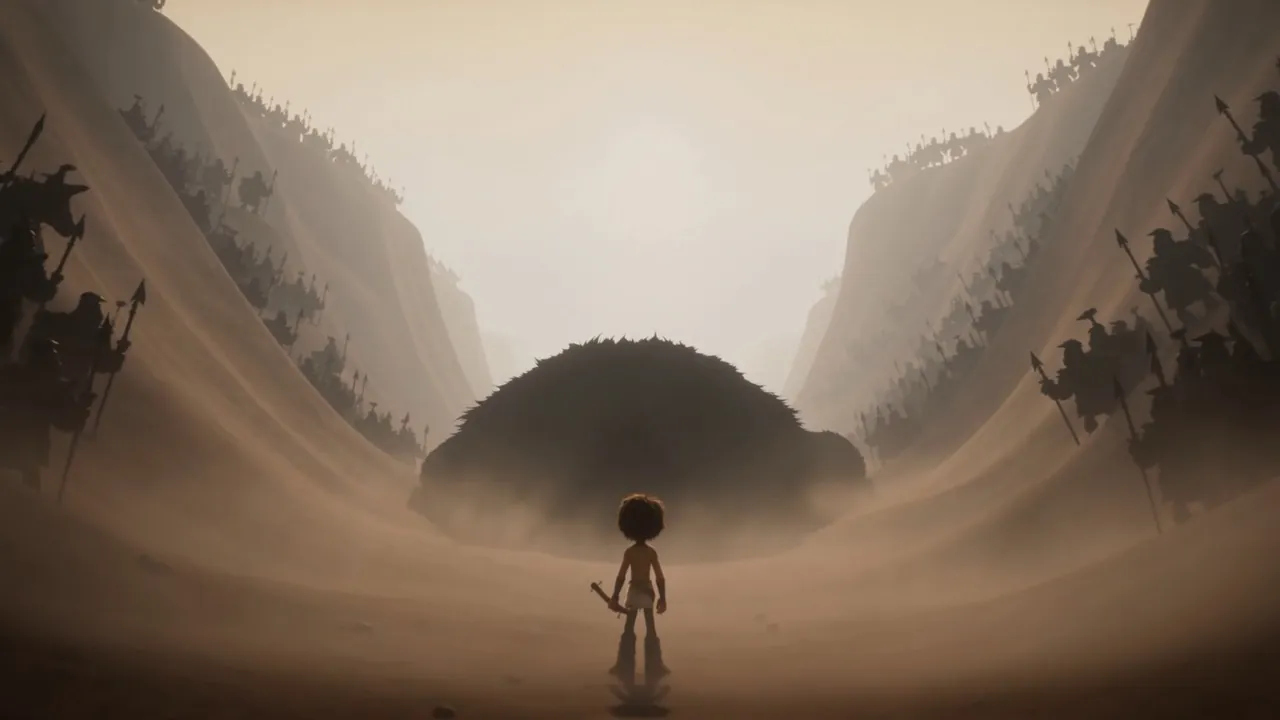 One small figure walks toward the giant in the dust