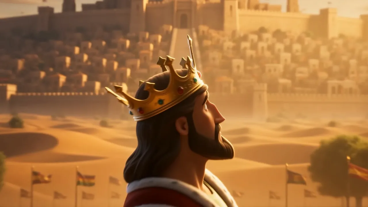 King David, crowned, before the walls of his city