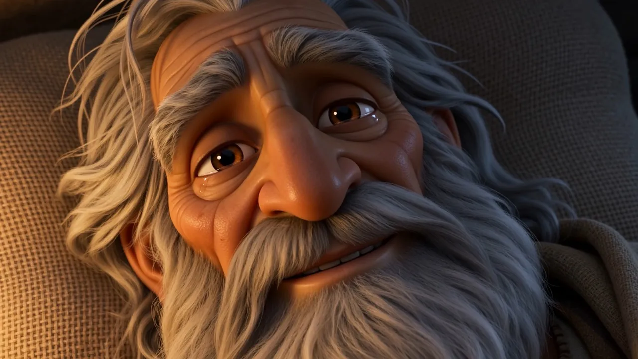 The old king smiles faintly at what he has been remembering