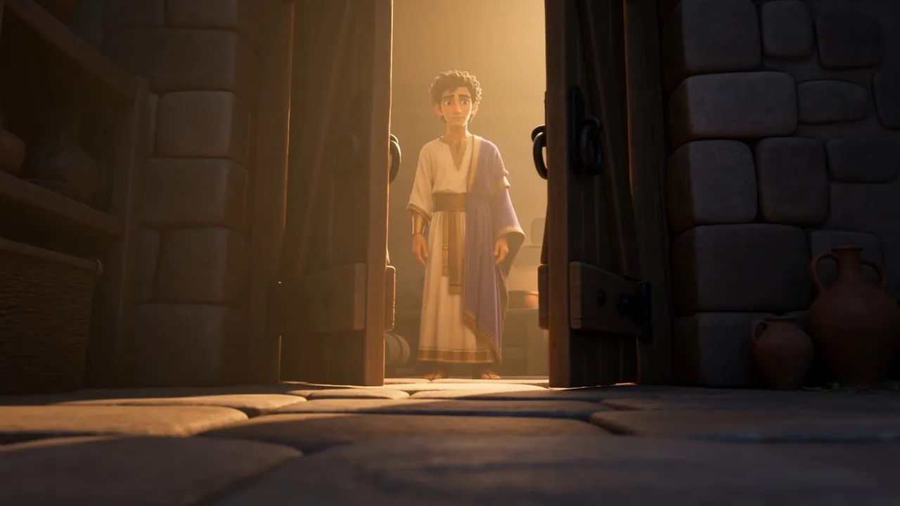 A young man appears in the lit doorway of the king's room