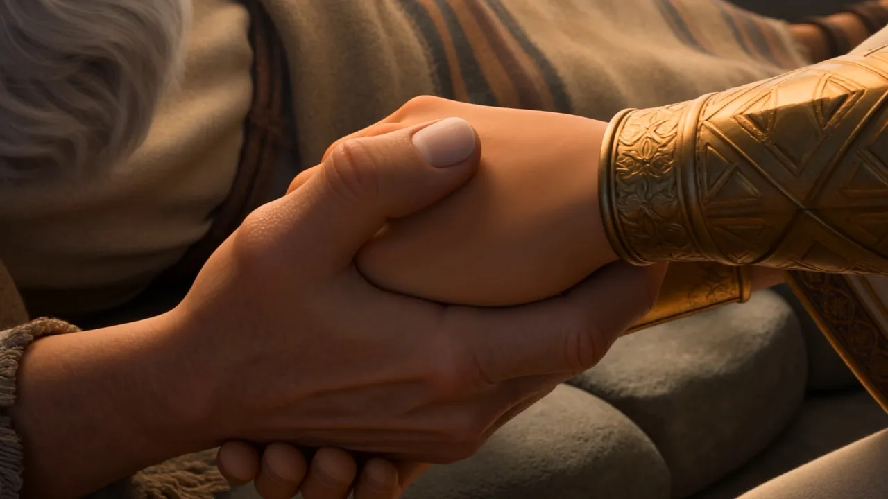 Two hands, old and young, locked together