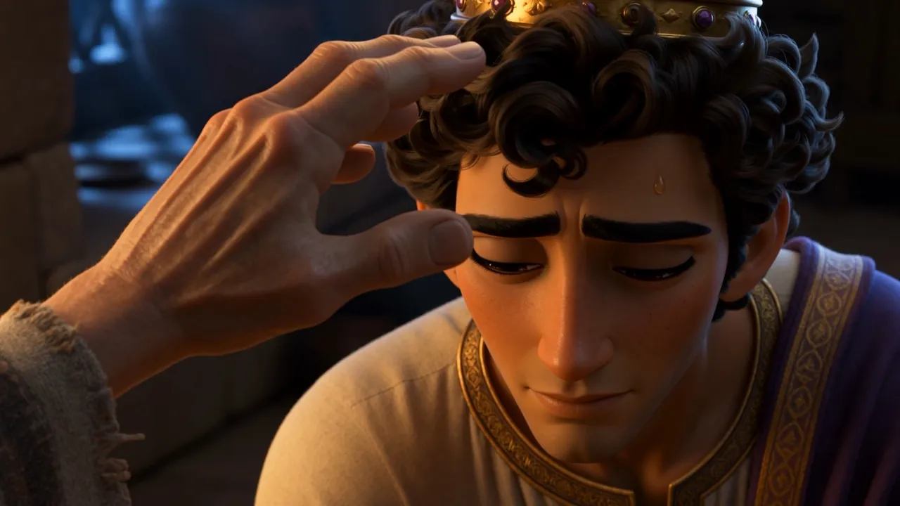 David's hand rests on the new crown