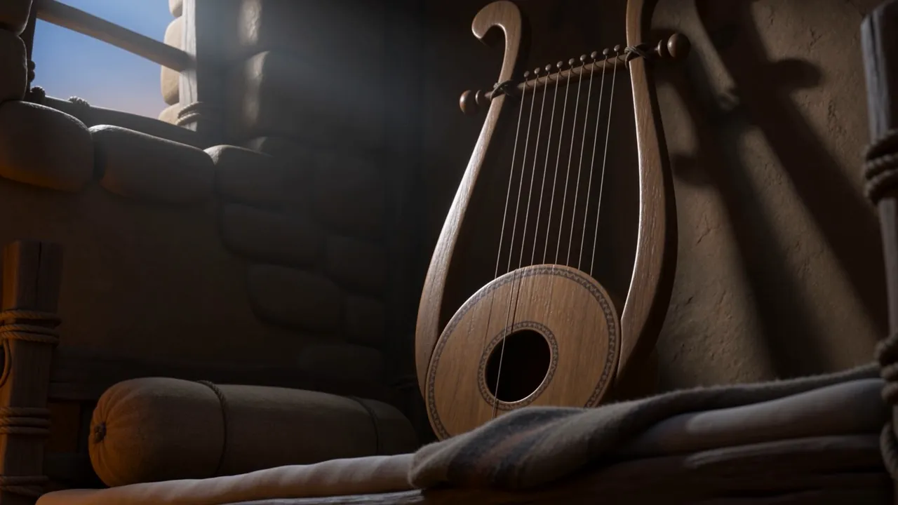The harp stands propped by the window in the morning light