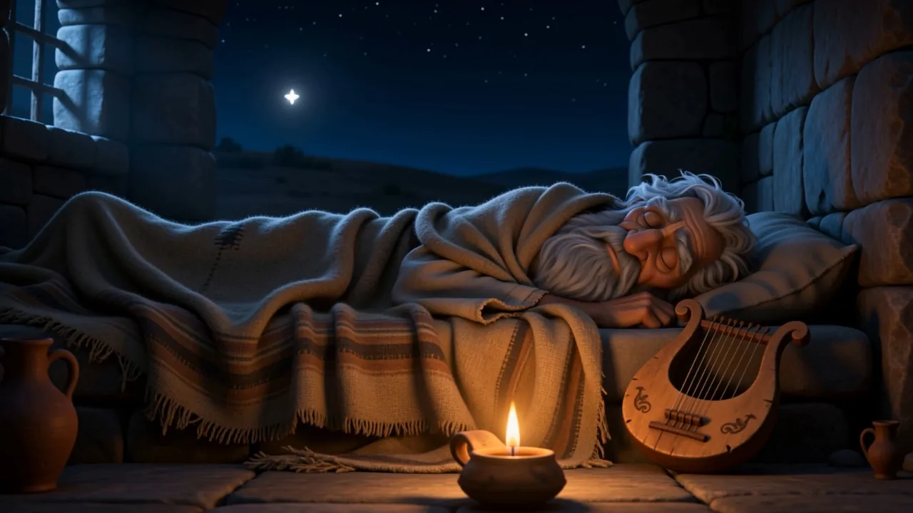 The room at night: the sleeping king, his harp, one star in the window
