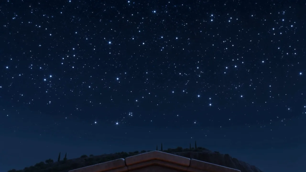 Columns stand black against a sky thick with stars