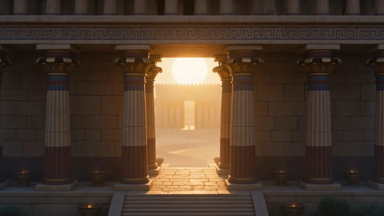 The hall doors stand open on the sunrise