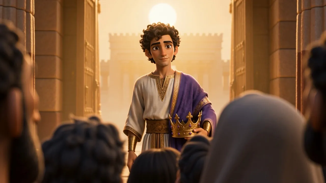 Solomon comes out to them, carrying his crown at his side