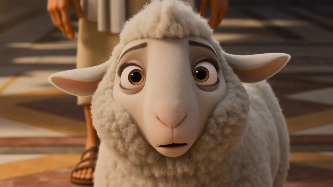 A lamb stands in the middle of the great hall, looking around