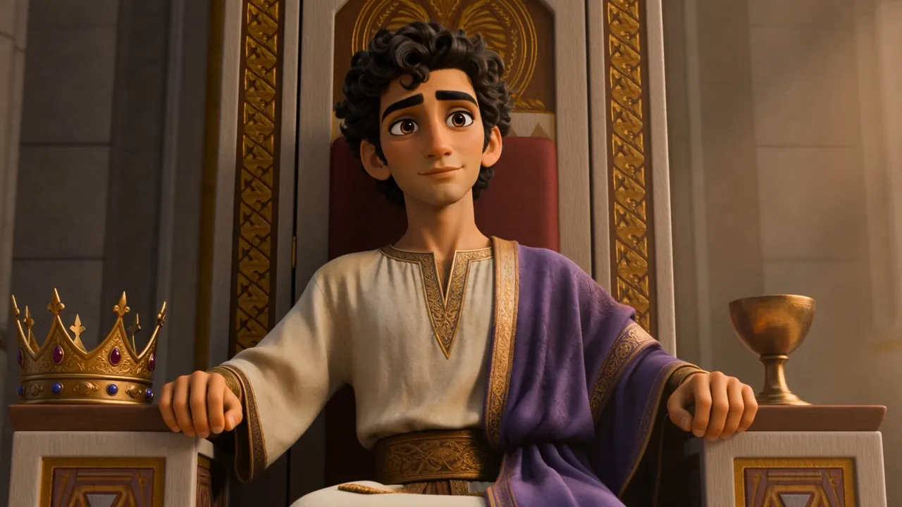 He settles back on the throne, crown resting on the armrest
