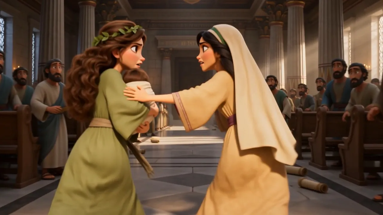 The two women struggle up the aisle over a swaddled baby