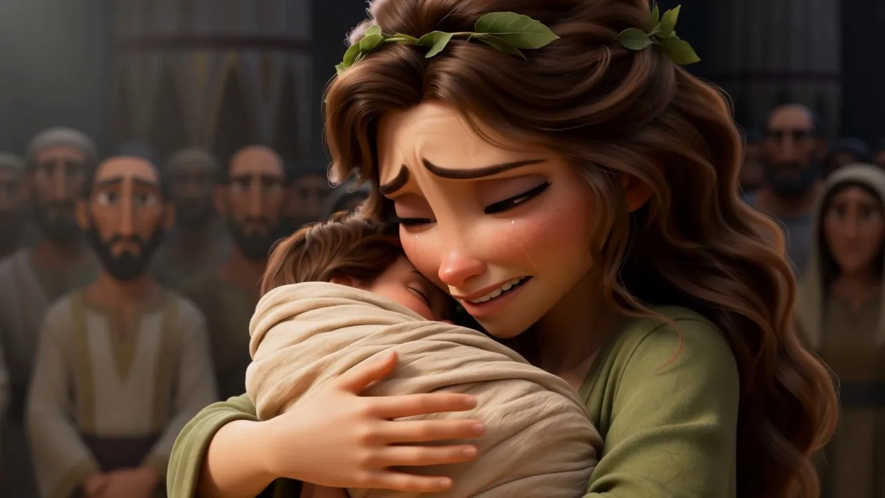 The true mother sobs with the baby pressed to her