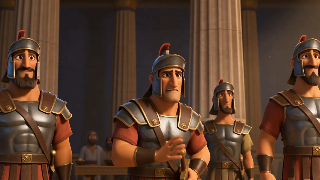 Two guards exchange a look, sword still hanging in the air