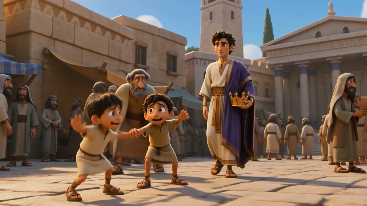 Two boys racing round a well collide with the king
