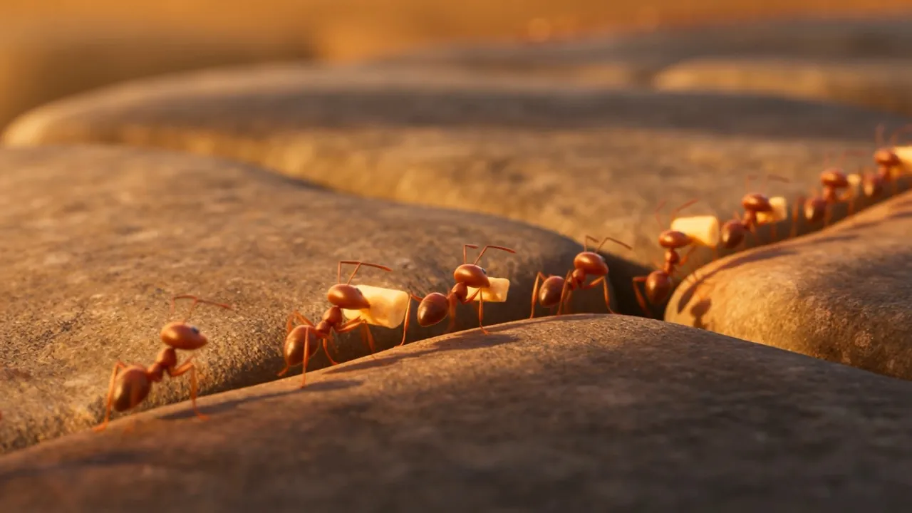 A line of ants carries crumbs along the well's stone rim