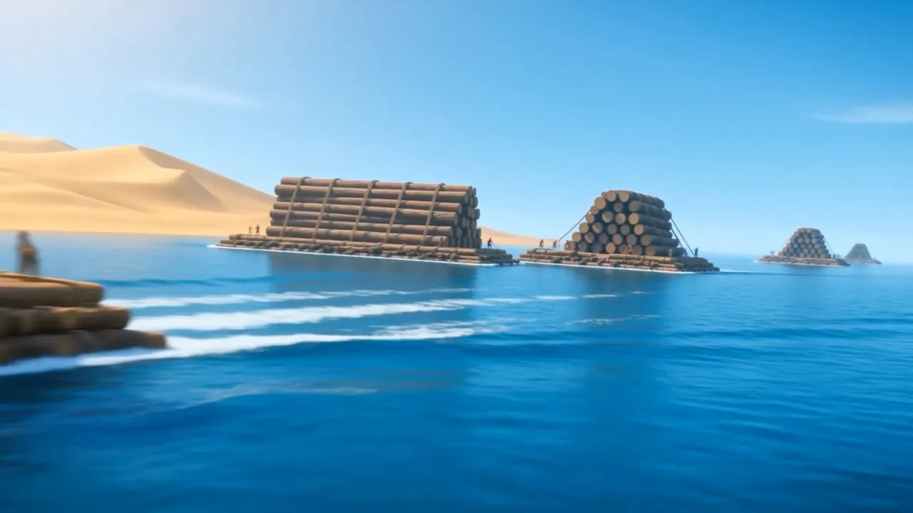 Rafts of cedar logs float on a blue sea