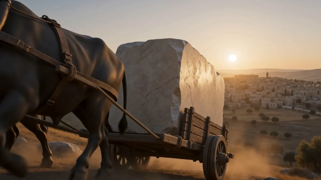 An ox-cart hauls a vast quarried block at sunrise