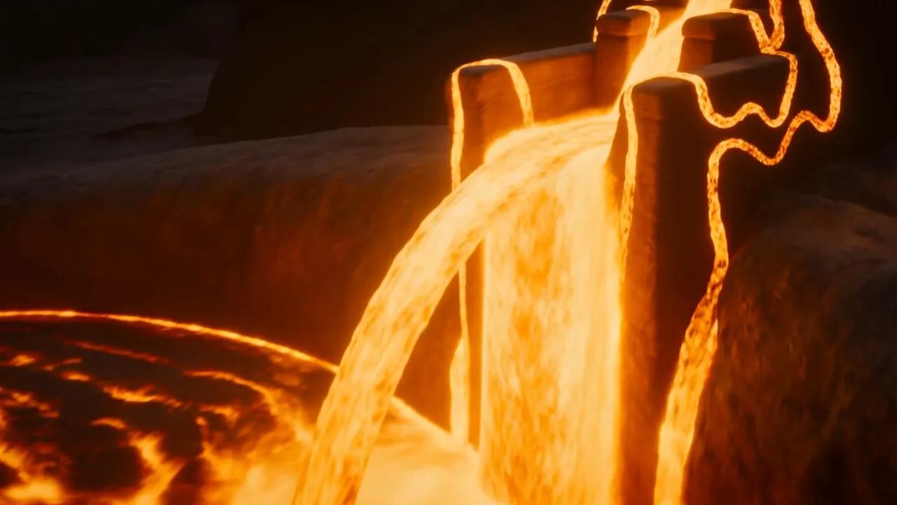 The crucible tips and bronze pours out in a blazing arc