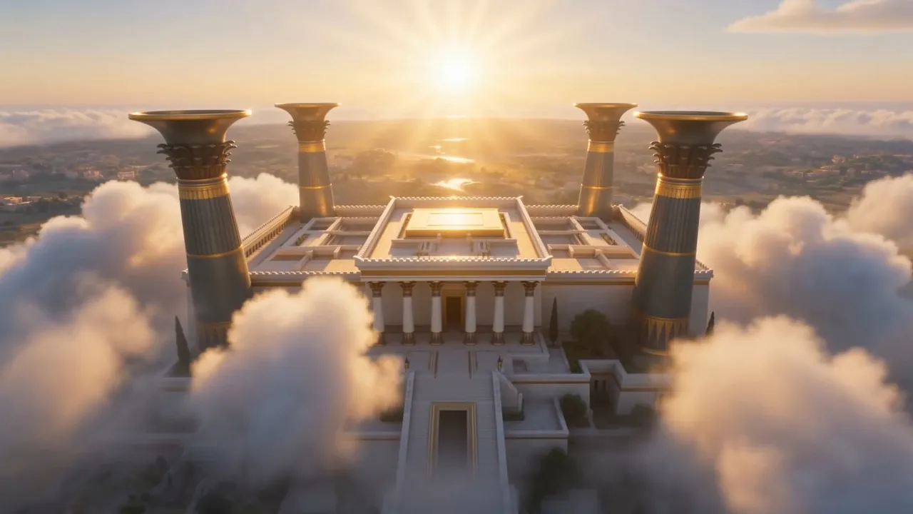 The finished temple stands in morning cloud on its hill
