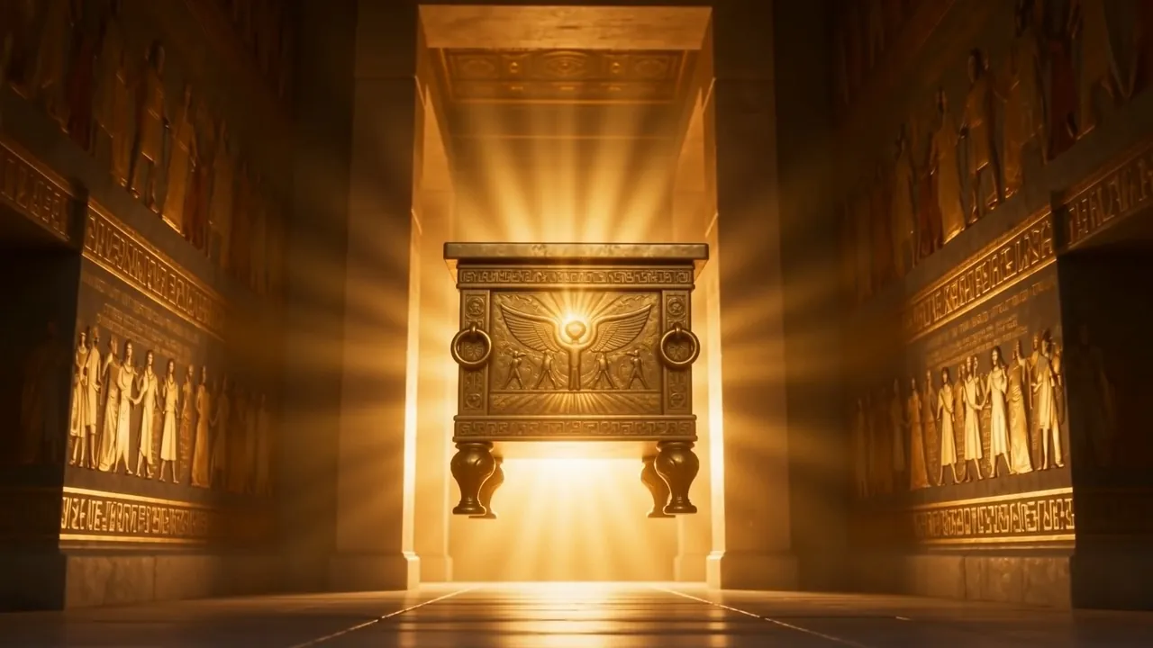 The ark set in its place, blazing in the dark sanctuary