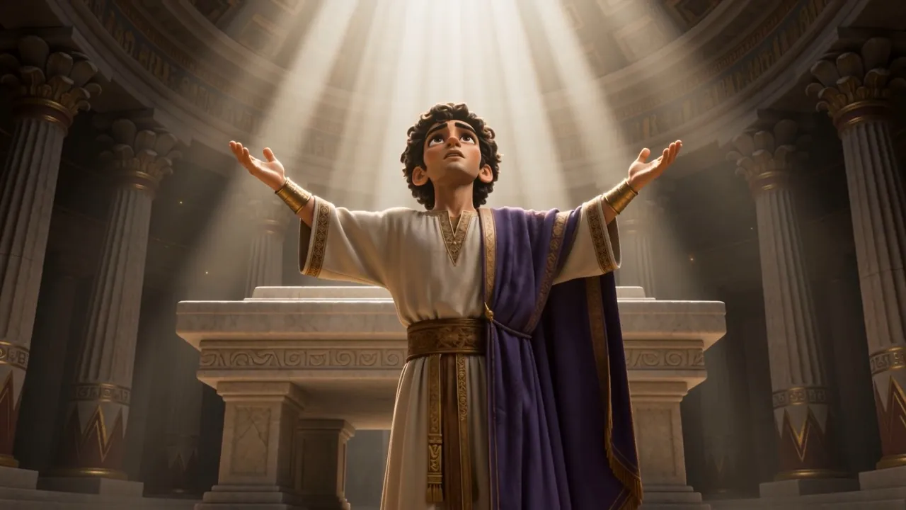 Arms wide, he prays before the whole assembly
