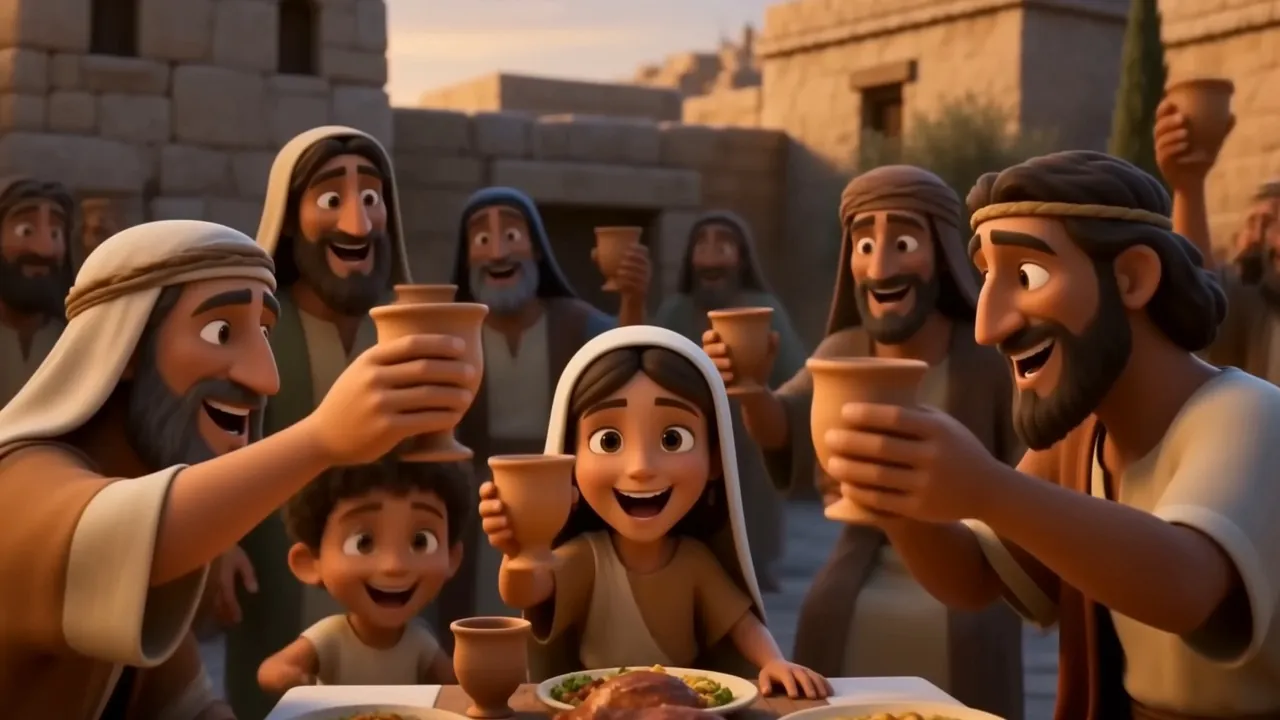 A family raises their cups together at the feast