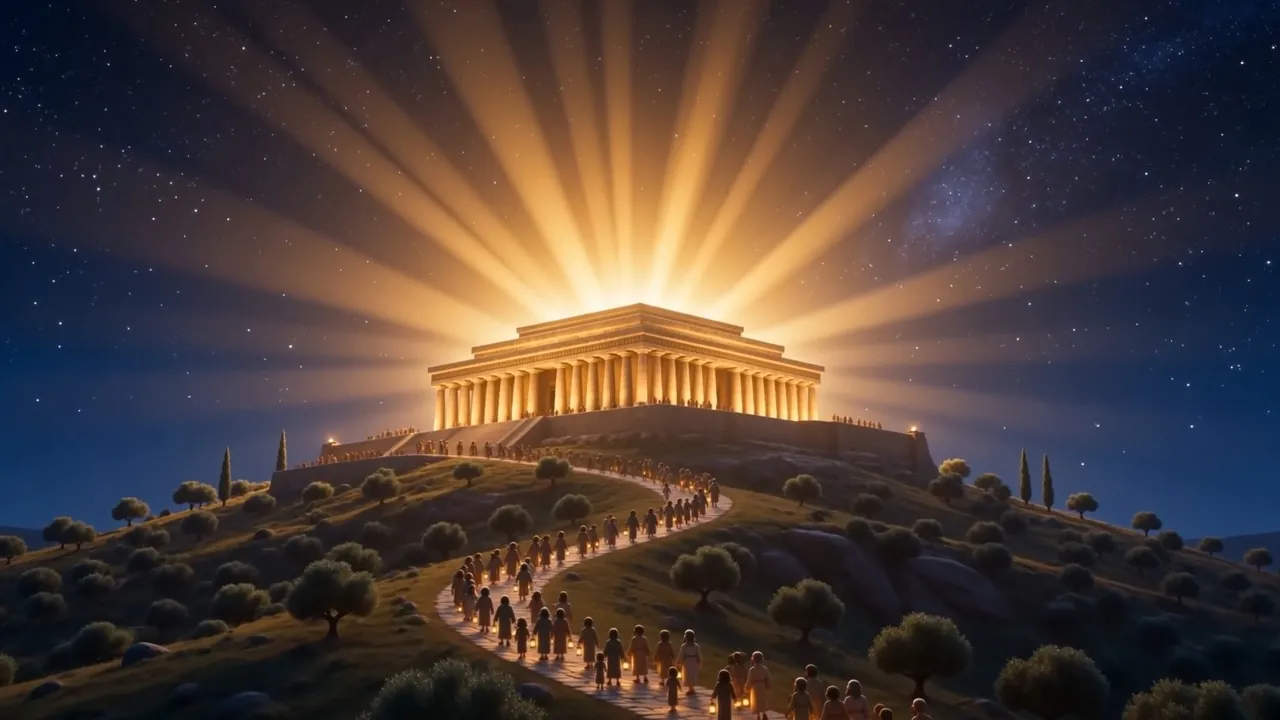 The lit path winding home beneath the glowing temple