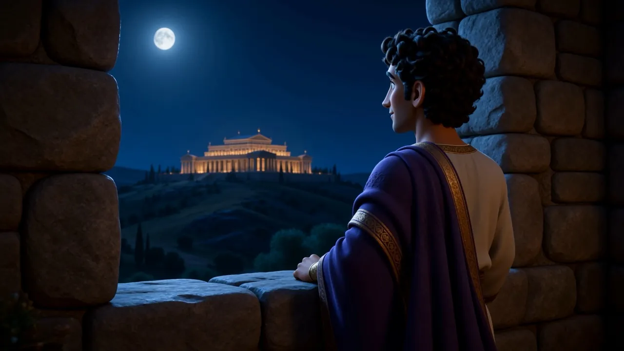 Solomon on a moonlit balcony, looking at the glowing temple
