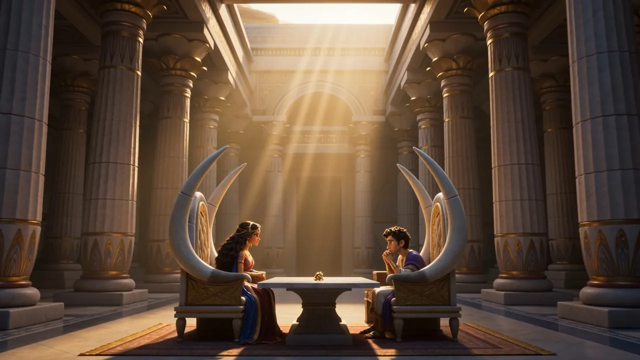 Two thrones face each other across a table in shafts of light