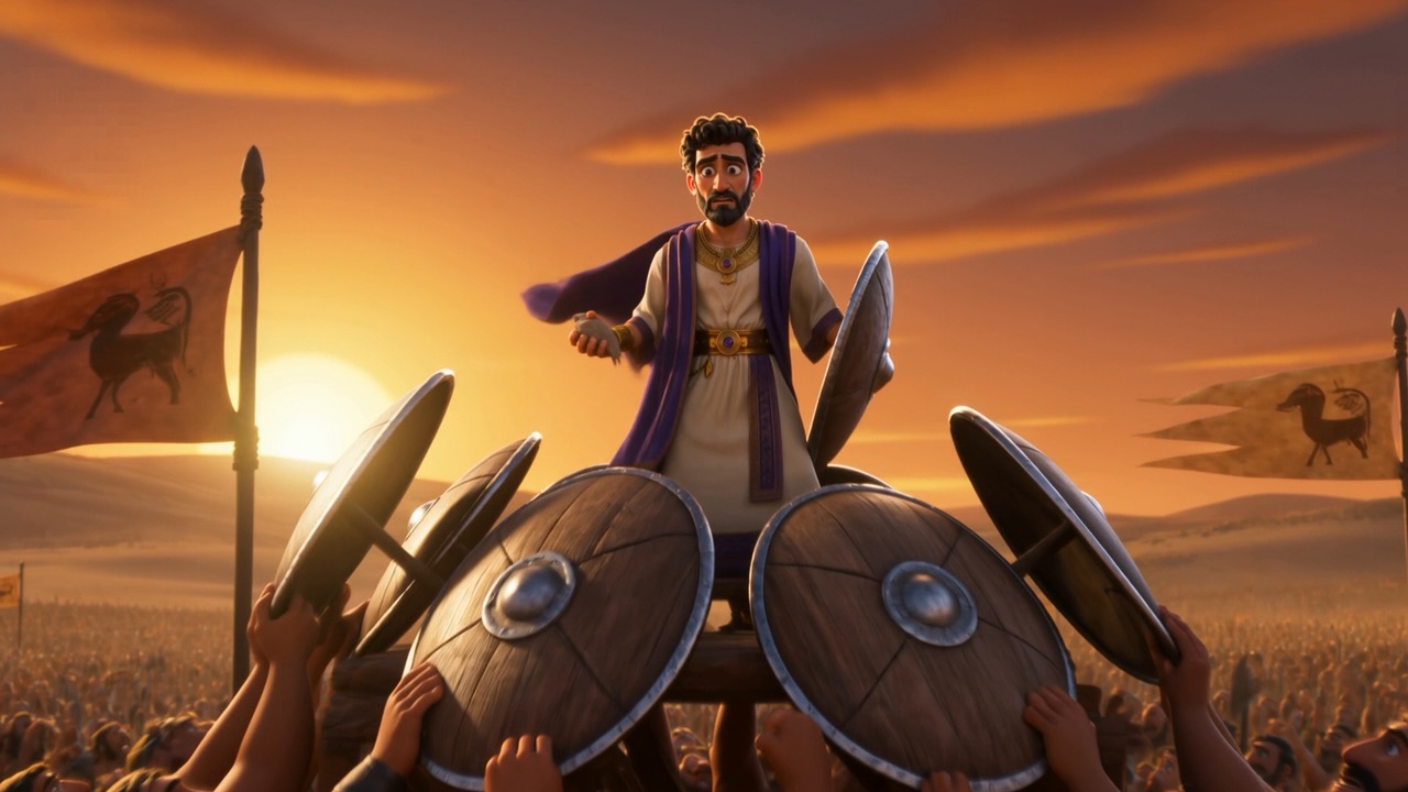A man raised up on shields by an enormous crowd at sunset beneath banners