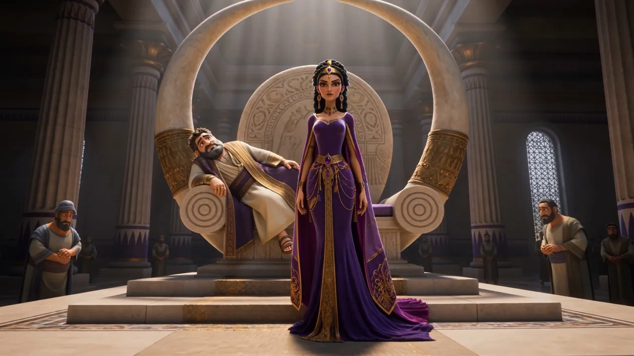 Queen Jezebel descends her throne steps beneath a crescent arch