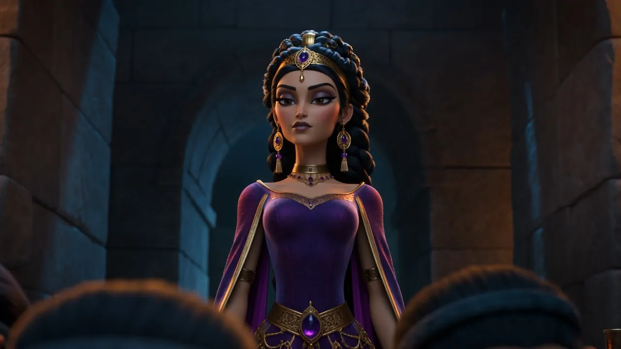 Jezebel stands crowned in a dark hall, guards bowing before her