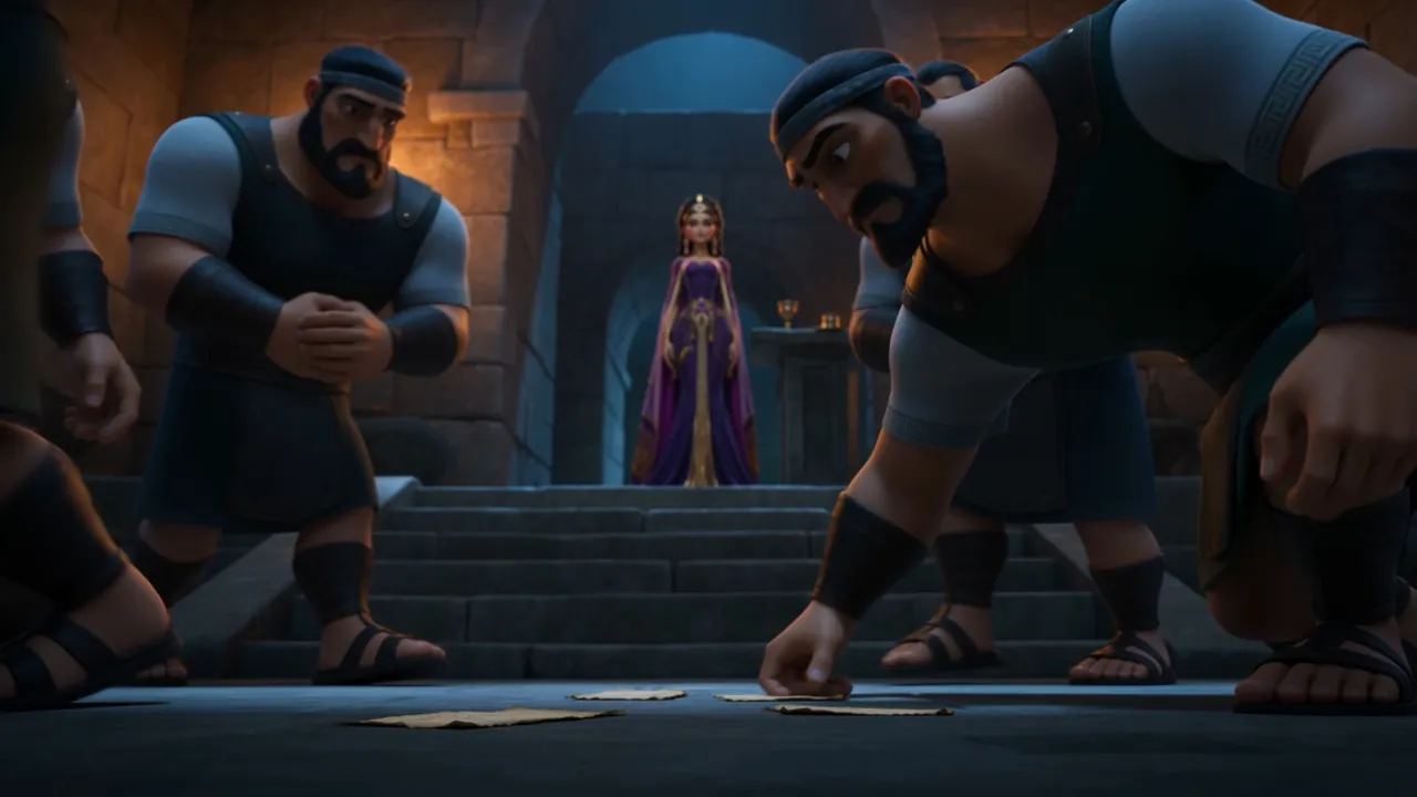 A sealed decree is carried down the steps to her soldiers
