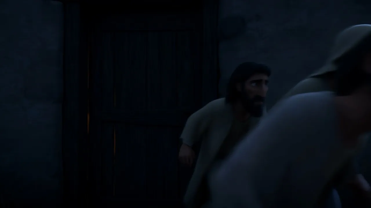 By night, a man slips through a doorway with something hidden