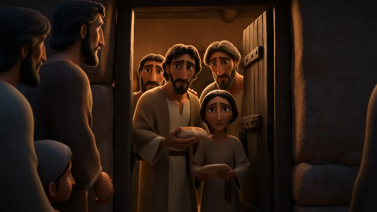 Frightened prophets crowd a cave mouth, taking bread