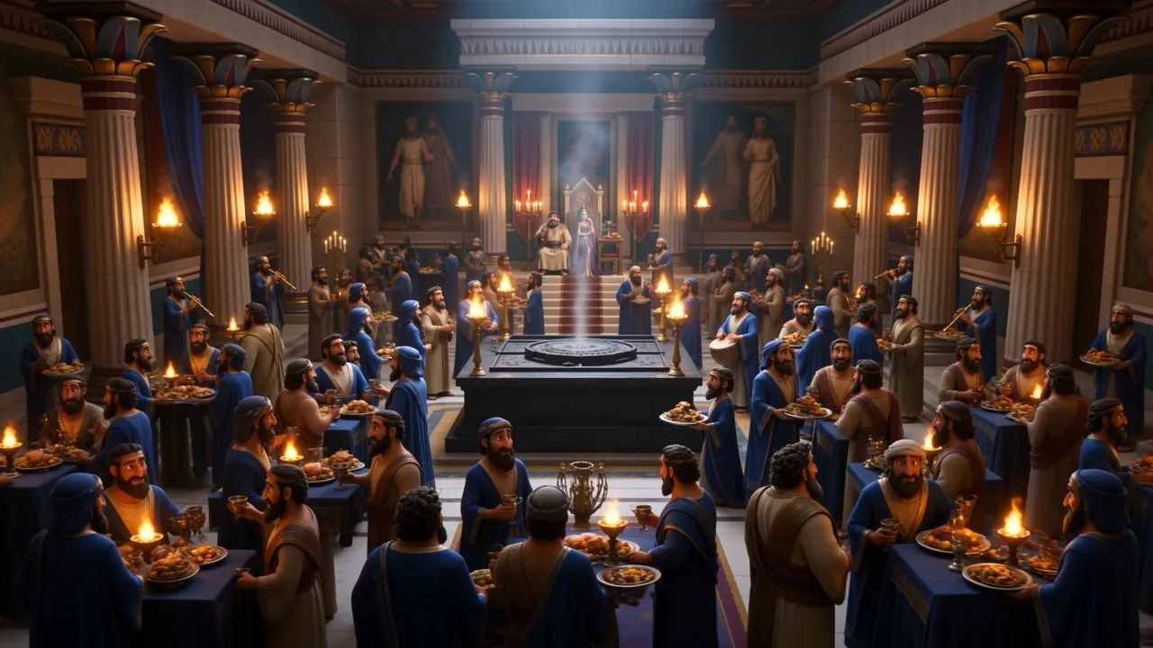 The feast at full roar — a hall of hundreds, torches and smoke