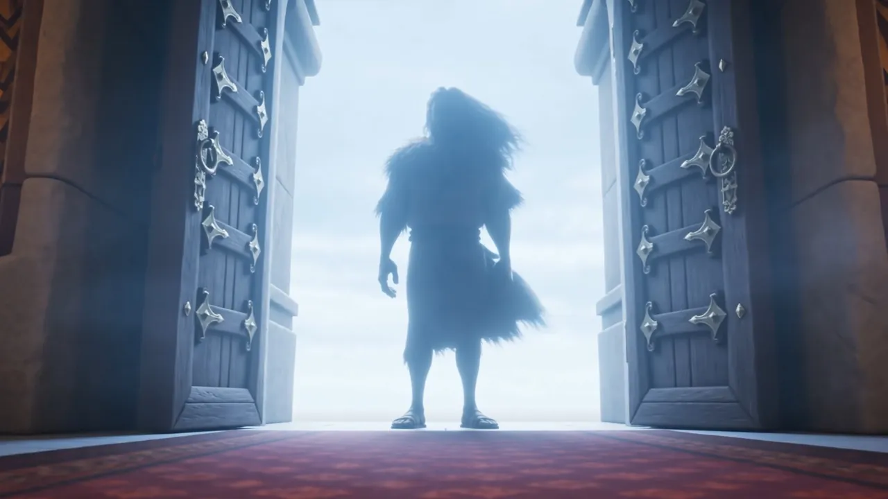 The great doors blow open — a ragged silhouette against the light