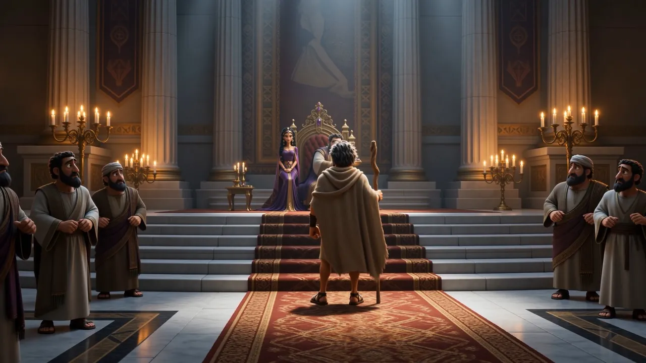 A small brown figure stops at the foot of the throne steps