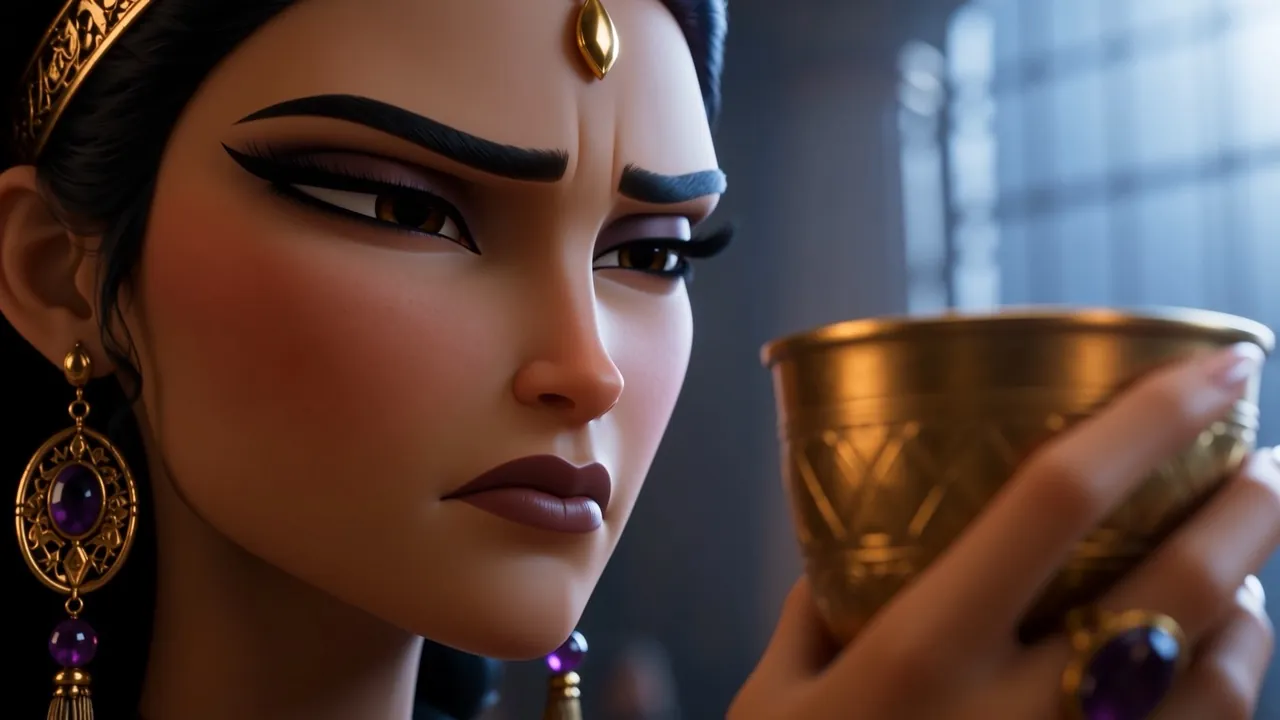 The queen's face hardens over the rim of the gold