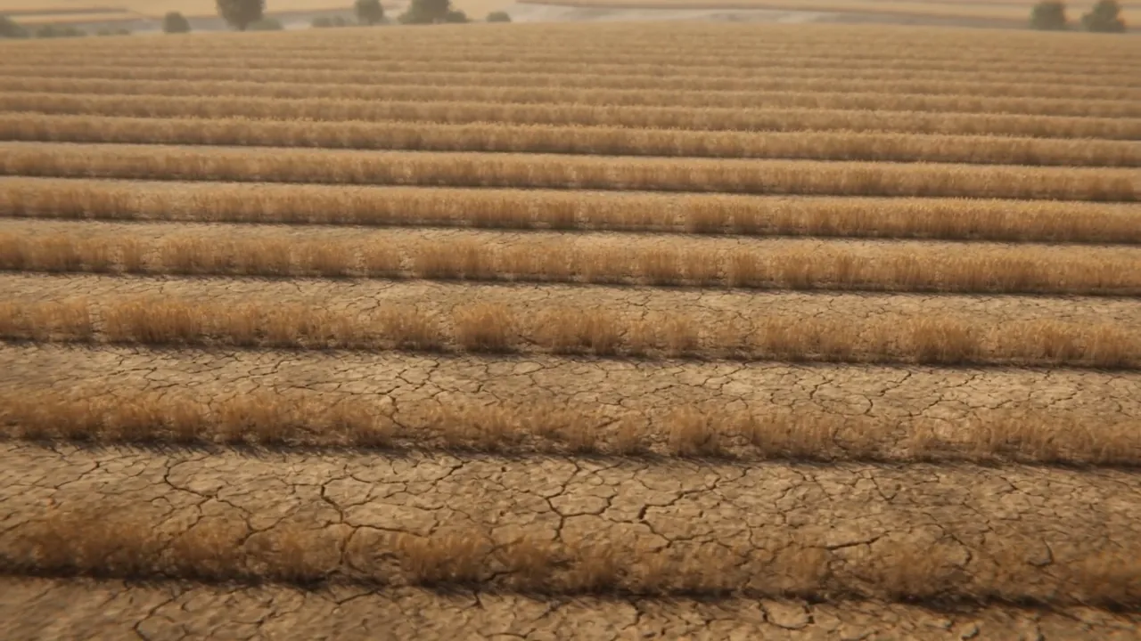 The rows thin to stubble on cracking ground