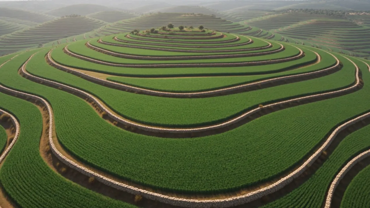 Green terraced fields curve across the hills
