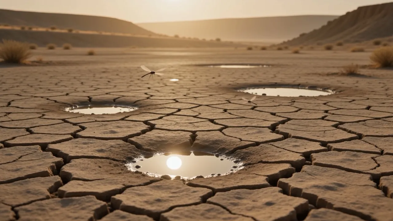 Only puddles left, drying into the cracked bed