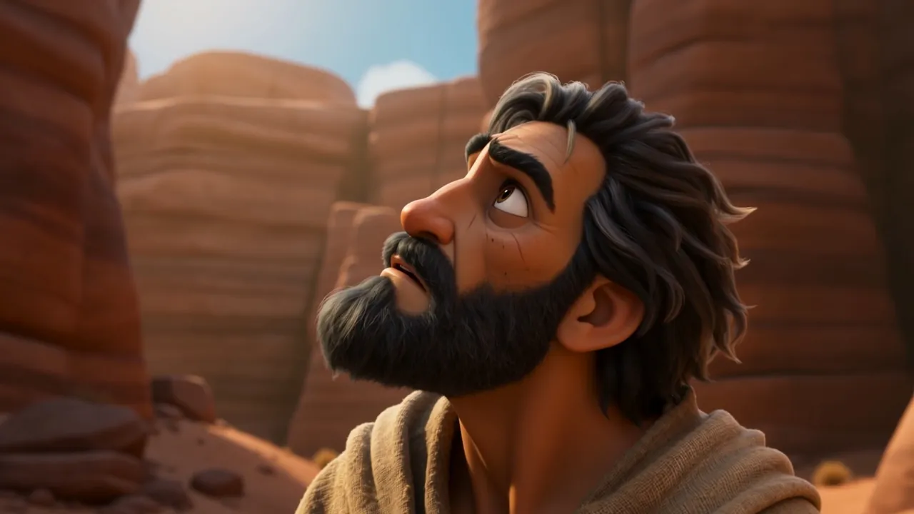 He looks up at the strip of sky above the canyon