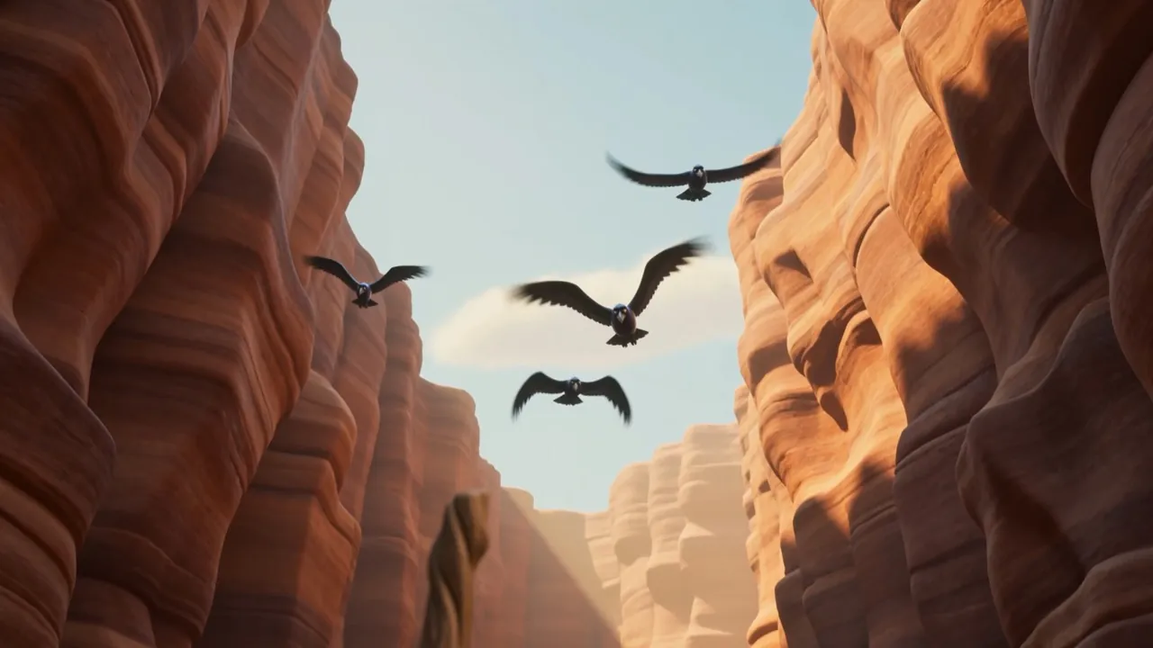 Black birds come down the canyon toward him