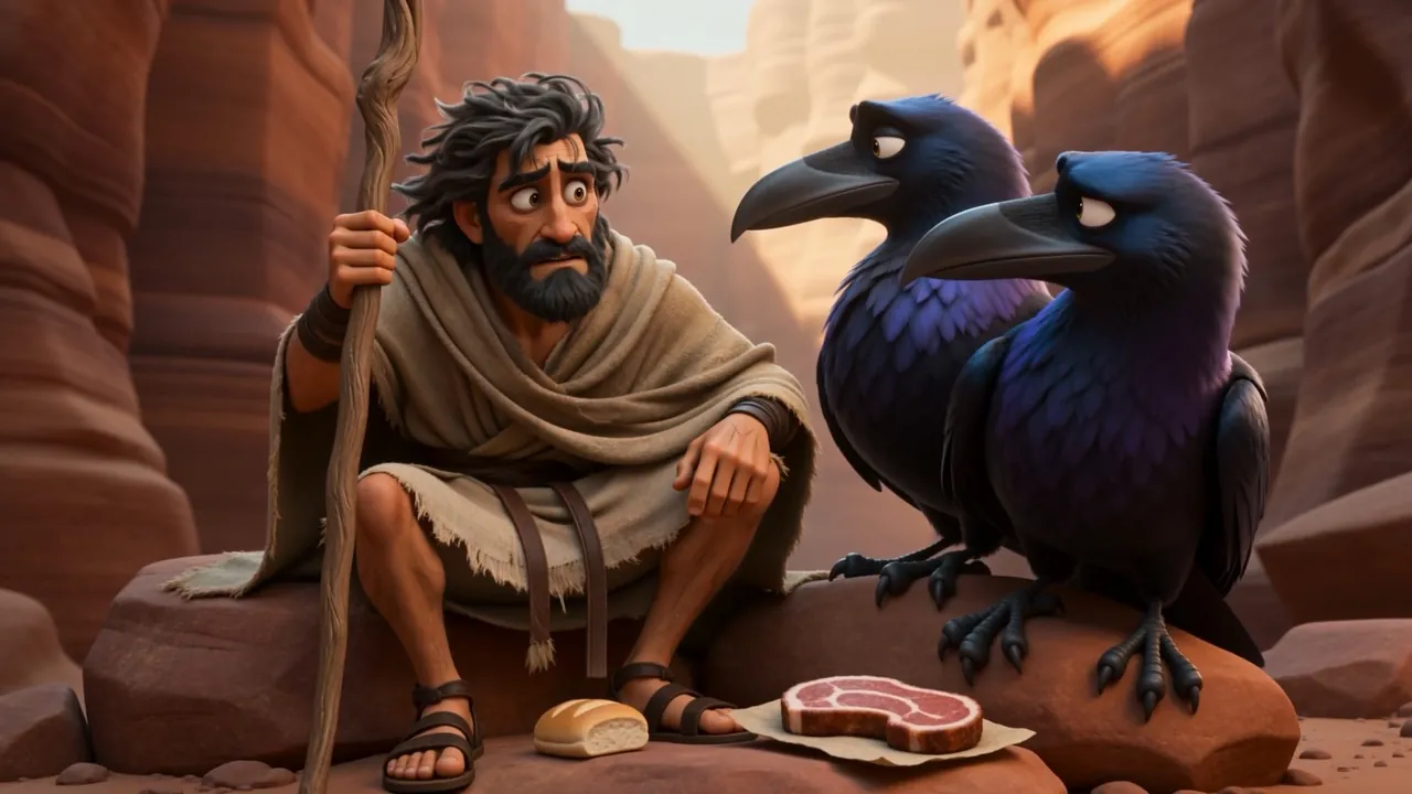 Two ravens stand over bread and meat, watching him