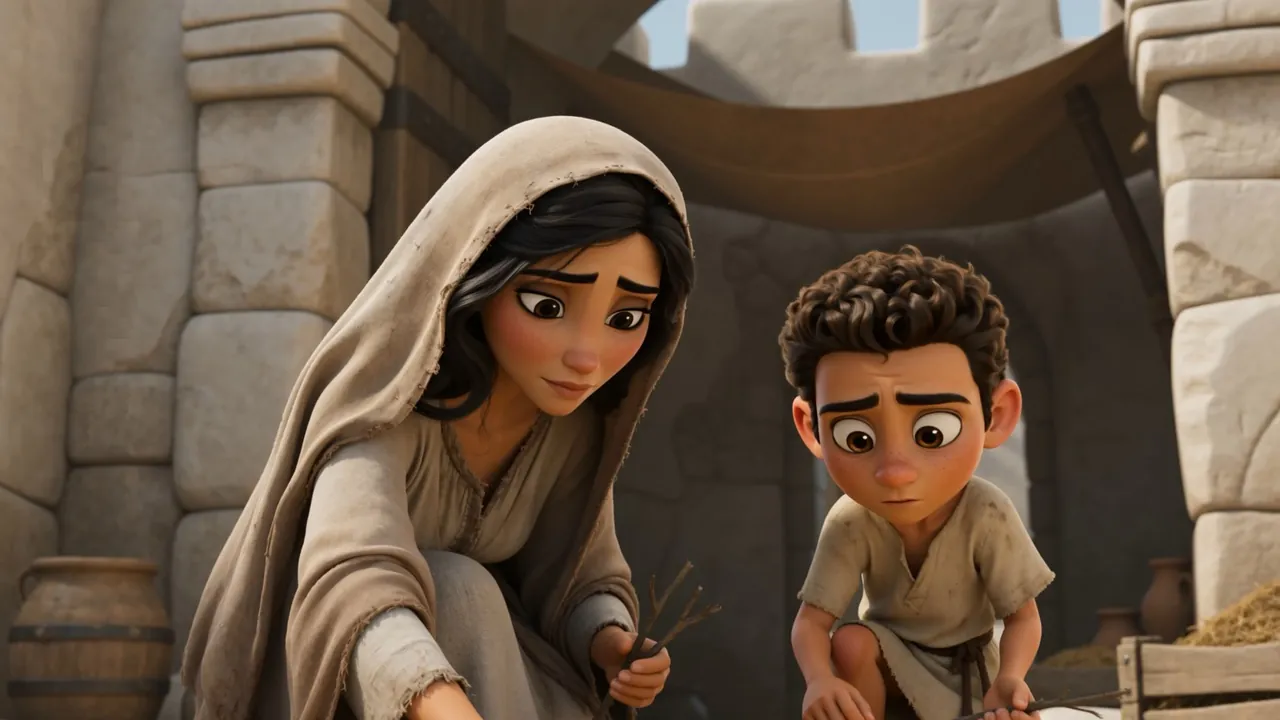 A woman and her son gather sticks by the town gate