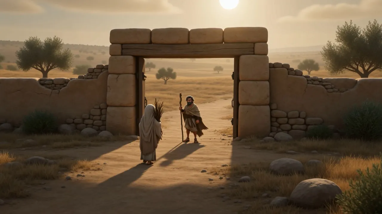 Two figures meet at the ruined gate in the low sun