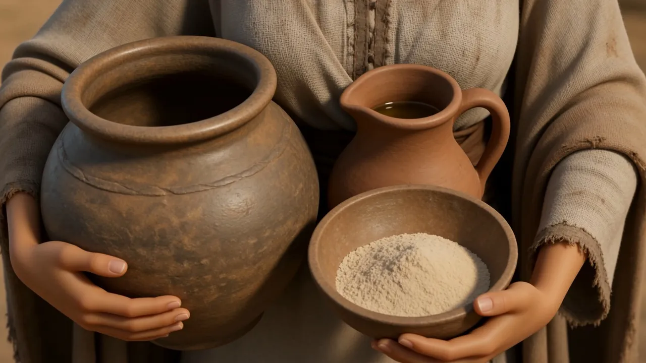 Her hands hold a jar and a bowl with the last of the flour