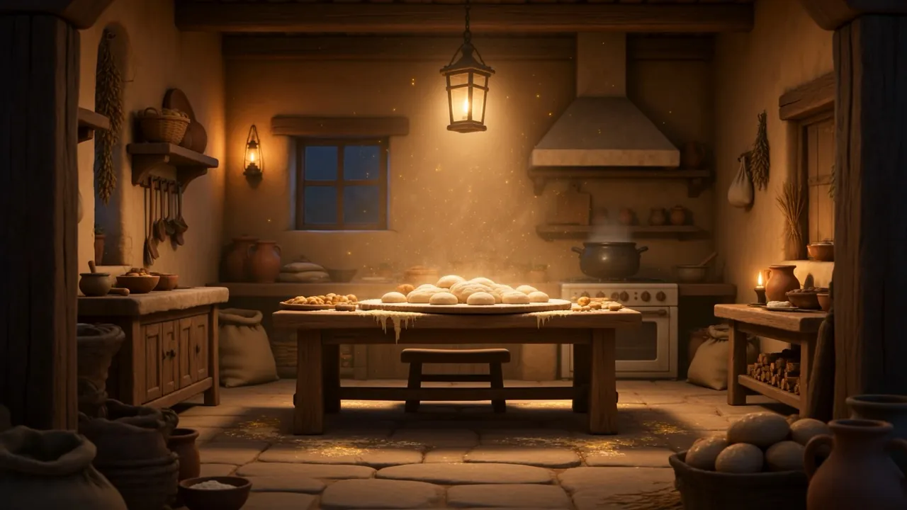 Dough on the table in the lamplit kitchen