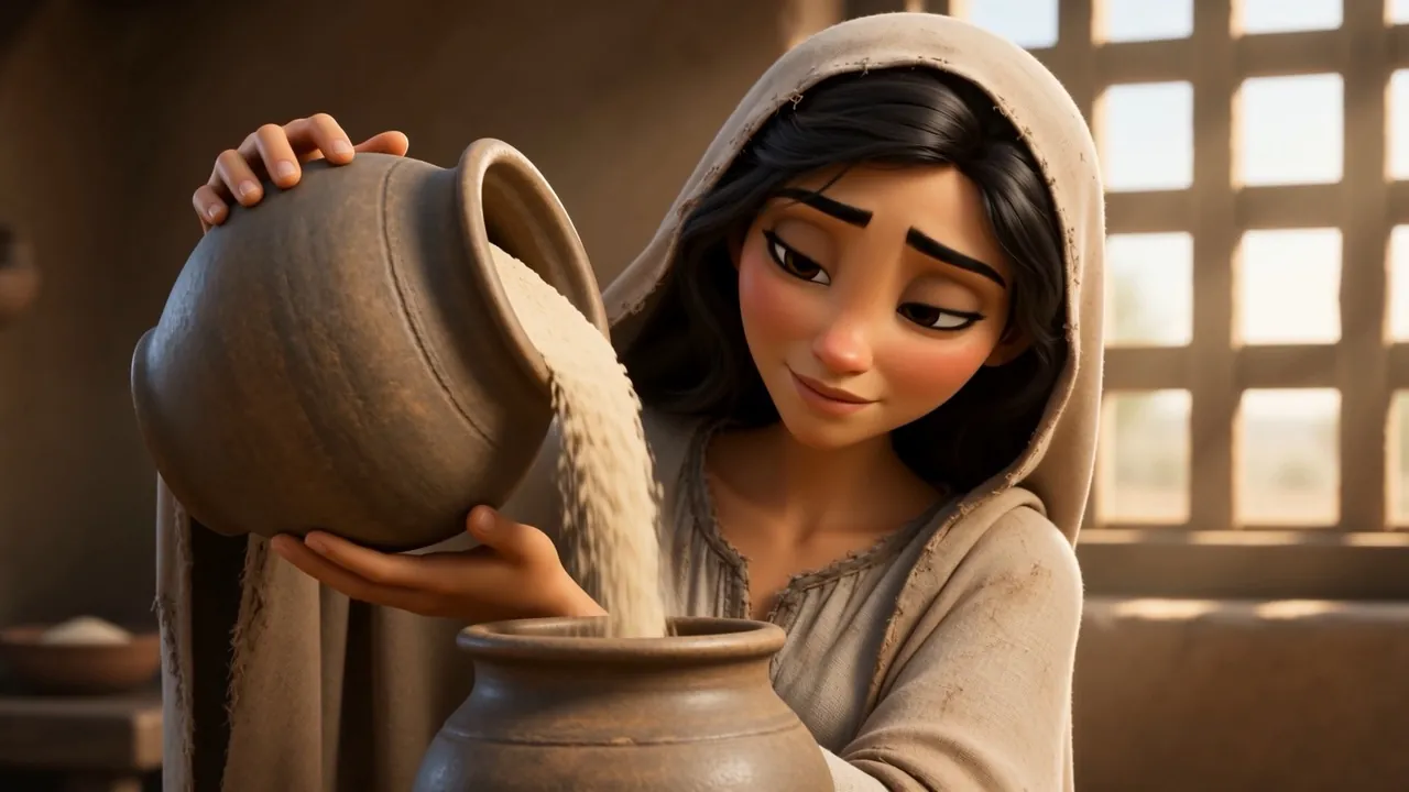 Flour pours from the little jar into the bowl