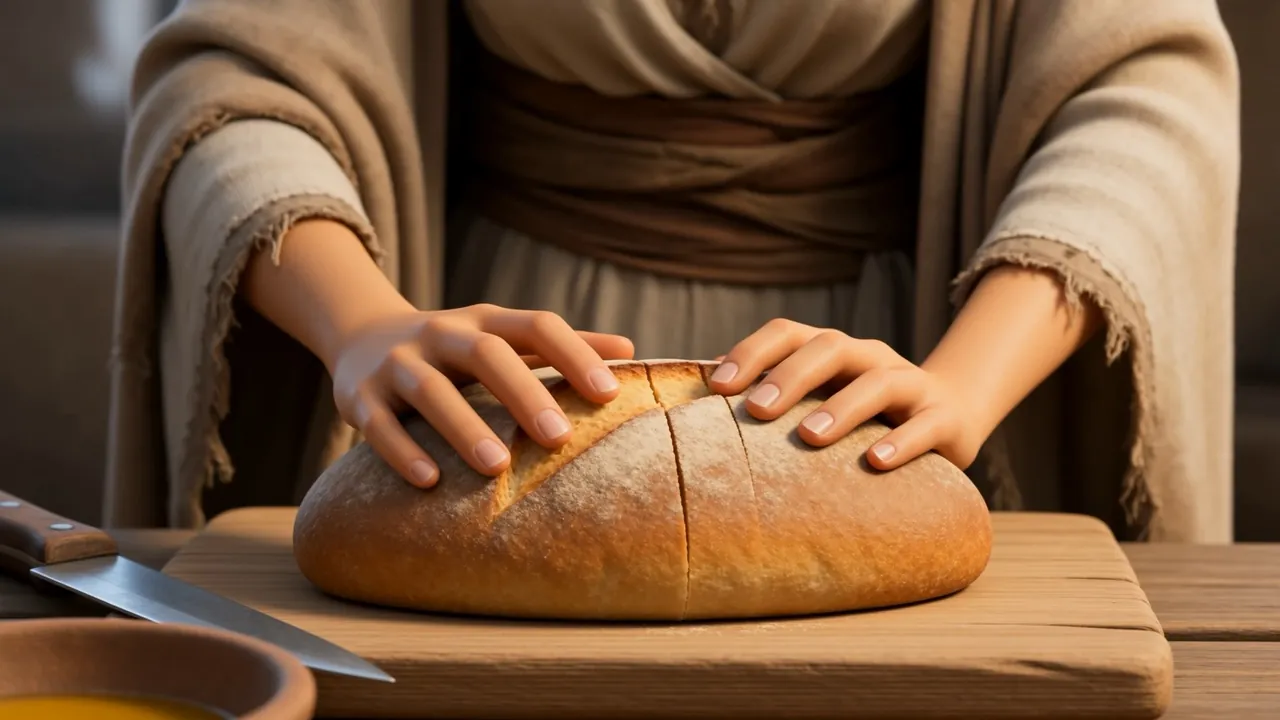A finished loaf, cut open, steaming